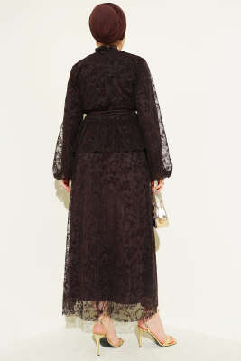 Desenli Tül Etekli Kahve - İkili Takım