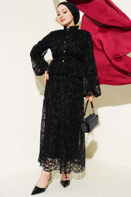 Desenli Tül Etekli Siyah - TABLO FASHİON