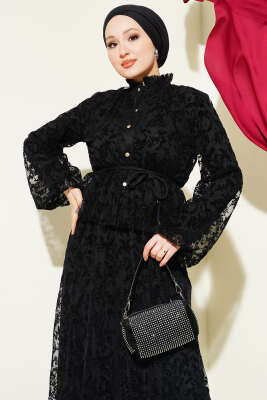 Desenli Tül Etekli Siyah - İkili Takım