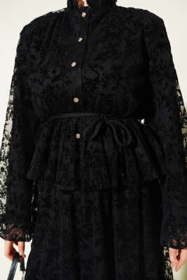 Desenli Tül Etekli Siyah - İkili Takım