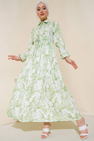 Desenli Tünelli Elbise Fıstık Yeşili - Tesettür Elbise