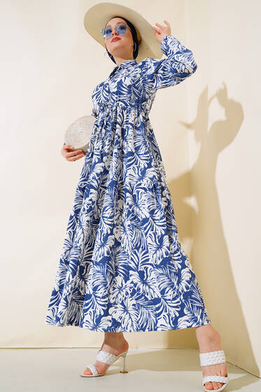 Desenli Tünelli Elbise İndigo - Tesettür Elbise