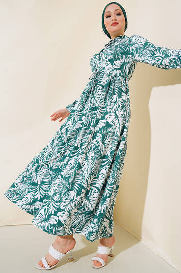 Desenli Tünelli Elbise Zümrüt Yeşili - Tesettür Elbise