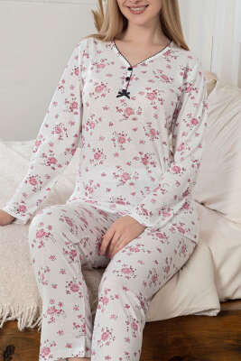 Desenli Üç Düğmeli Viskon Pijama Takımı Gül Kurusu - Pijama