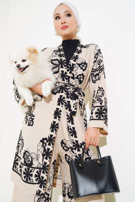Desenli Üçlü Kimono Takım Bej 