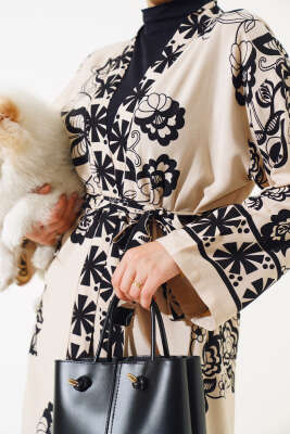 Desenli Üçlü Kimono Takım Bej - İkili Takım