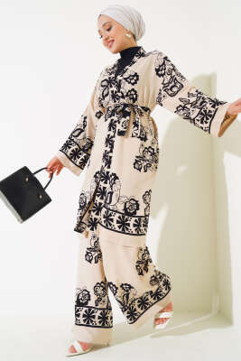 Desenli Üçlü Kimono Takım Bej - İkili Takım