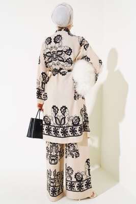 Desenli Üçlü Kimono Takım Bej - İkili Takım