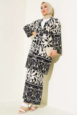 Desenli Üçlü Kimono Takım Ekru - PİYES COLLECTİON