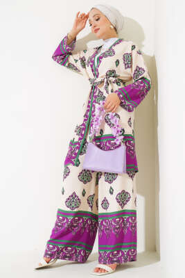 Desenli Üçlü Kimono Takım Mor - PİYES COLLECTİON