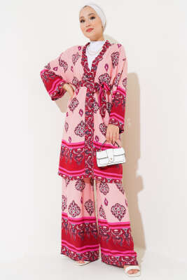 Desenli Üçlü Kimono Takım Pudra - PİYES COLLECTİON