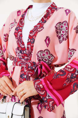 Desenli Üçlü Kimono Takım Pudra - İkili Takım