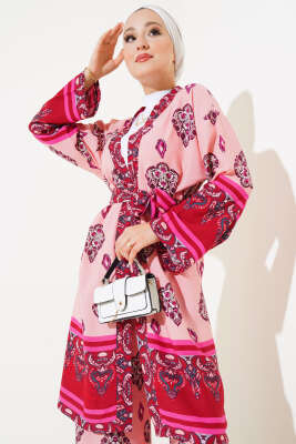 Desenli Üçlü Kimono Takım Pudra - İkili Takım