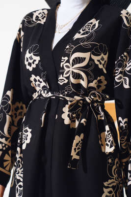 Desenli Üçlü Kimono Takım Siyah - İkili Takım