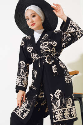 Desenli Üçlü Kimono Takım Siyah - İkili Takım
