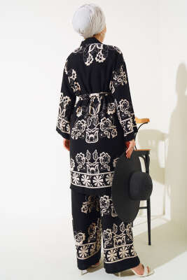 Desenli Üçlü Kimono Takım Siyah - İkili Takım