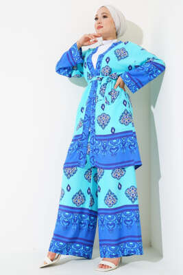 Desenli Üçlü Kimono Takım Turkuaz - PİYES COLLECTİON