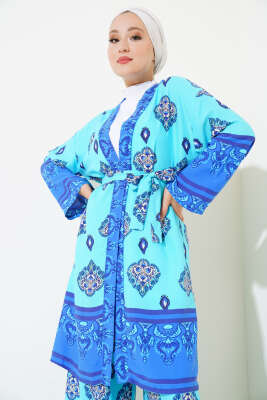 Desenli Üçlü Kimono Takım Turkuaz - İkili Takım