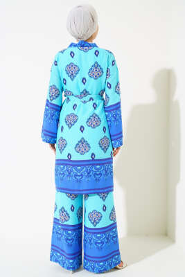 Desenli Üçlü Kimono Takım Turkuaz - İkili Takım