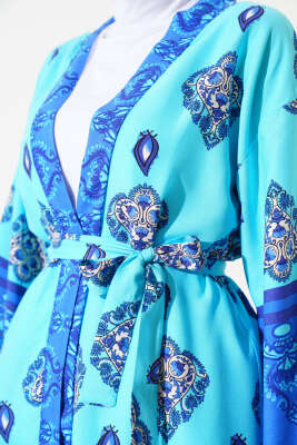 Desenli Üçlü Kimono Takım Turkuaz - İkili Takım