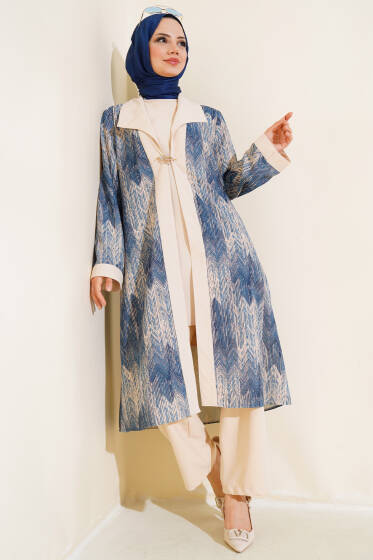 Desenli Üçlü Takım İndigo - İkili Takım