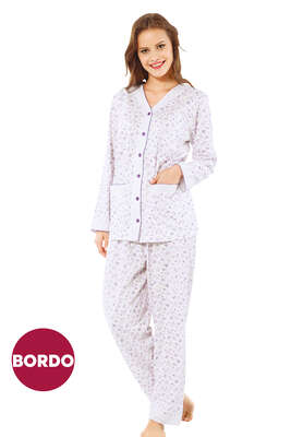 Desenli Uzun Kol Pijama Takımı Bordo - Thumbnail