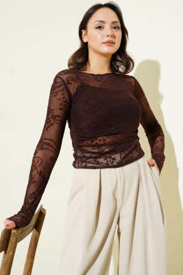 Desenli Uzun Kol Tül Bluz Acı Kahve - Kadın Giyim Modelleri