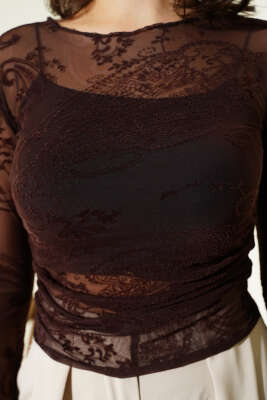 Desenli Uzun Kol Tül Bluz Acı Kahve - Kadın Giyim Modelleri