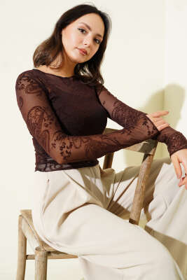 Desenli Uzun Kol Tül Bluz Acı Kahve 