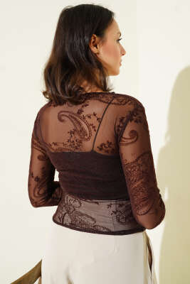 Desenli Uzun Kol Tül Bluz Acı Kahve - Yılın Fırsatı