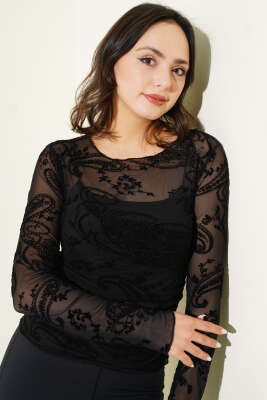 Desenli Uzun Kol Tül Bluz Siyah - CALİENTE