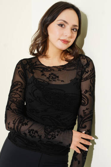 Desenli Uzun Kol Tül Bluz Siyah - Kadın Giyim Modelleri