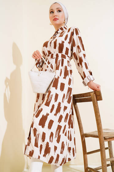 Desenli Uzun Tunik Bej Kahve - Tunik