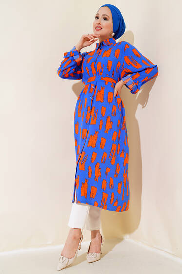 Desenli Uzun Tunik Saks Oranj - Tunik