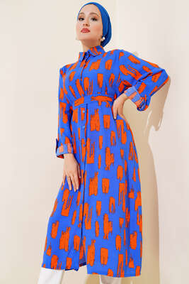Desenli Uzun Tunik Saks Oranj - Tunik