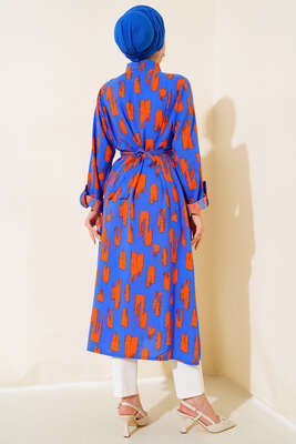 Desenli Uzun Tunik Saks Oranj - Tunik