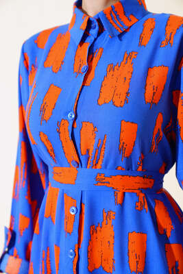 Desenli Uzun Tunik Saks Oranj - Tunik