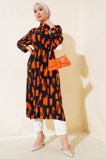 Desenli Uzun Tunik Siyah Oranj - Tunik