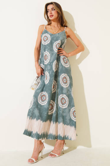 Desenli V Yaka Askılı Elbise Yeşil - Kadın Giyim Modelleri