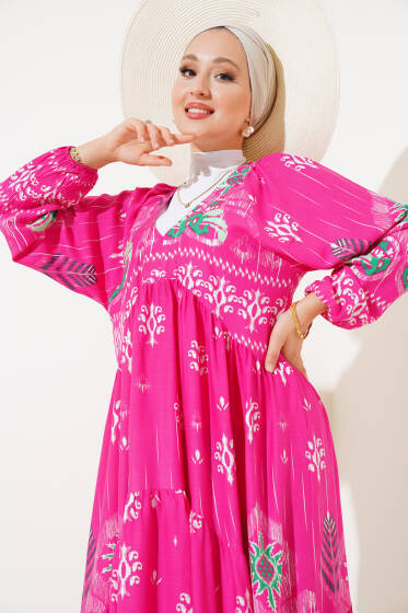Desenli V Yaka Elbise Fuşya - Elbise