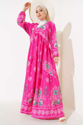 Desenli V Yaka Elbise Fuşya - Tesettür Elbise