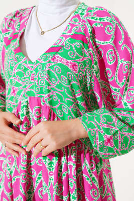 Desenli V Yaka Elbise Fuşya Yeşil - Tesettür Elbise