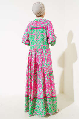 Desenli V Yaka Elbise Fuşya Yeşil - Tesettür Elbise
