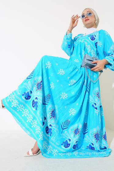 Desenli V Yaka Elbise Turkuaz - Elbise
