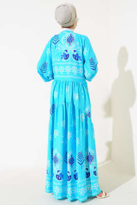 Desenli V Yaka Elbise Turkuaz - Tesettür Elbise