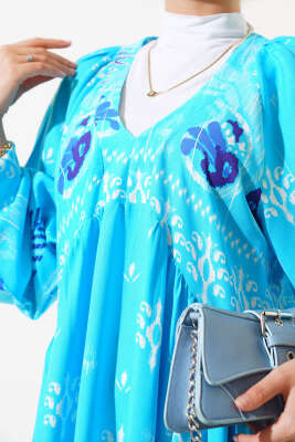 Desenli V Yaka Elbise Turkuaz - Tesettür Elbise