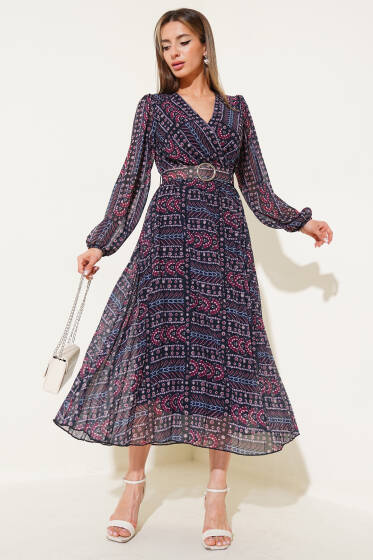 Desenli V Yaka Kemerli Şifon Elbise Siyah - Kadın Giyim Modelleri