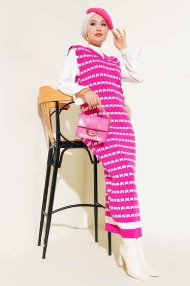 Desenli V Yaka Triko Jile Elbise Fuşya - Elbise