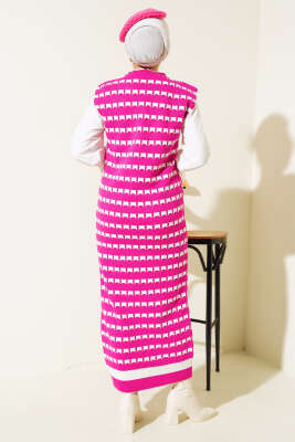 Desenli V Yaka Triko Jile Elbise Fuşya - Tesettür Elbise