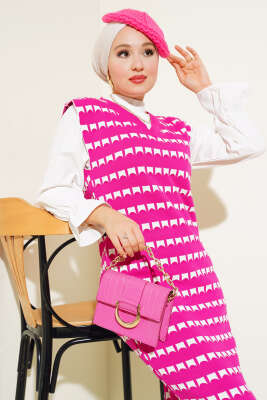 Desenli V Yaka Triko Jile Elbise Fuşya - Tesettür Elbise